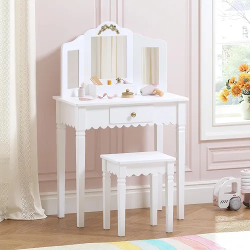 Miniatura 11 de Spirich Vanidad para niños, juego de tocador para niñas con espejo, taburete y luces, juego de mesa y silla de tocador para niños, mesa de tocador