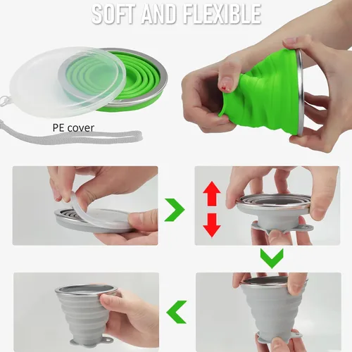 Miniatura 5 de JBER Taza de viaje plegable de silicona, taza de camping plegable de silicona con tapas, taza de bebida expandible para senderismo al aire libre