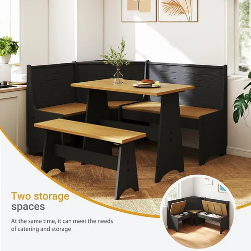 Miniatura 5 de Juego de mesa para desayunador de 3-4 plazas en forma de L con almacenamiento oculto - Juego de mesa y banco de esquina para cocina, ahorra espacio