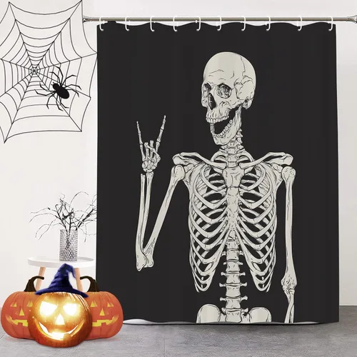Miniatura 9 de Bonita cortina de ducha de Halloween, fantasmas divertidos y espeluznantes, juego de cortina de ducha de poliéster blanco y negro con 12 ganchos