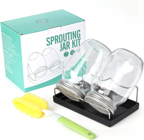 Kit de tarros de germinación de semillas | 2 tarros Mason de boca ancha y tapas de pantalla de acero inoxidable, bandeja, soporte y cepillo para