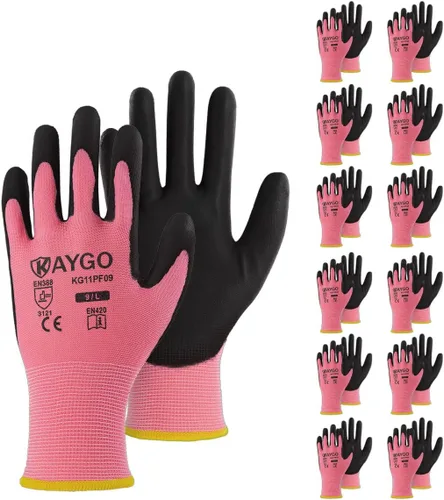 Miniatura 41 de KAYGO KG11PB - Guantes de seguridad con revestimiento delgado de poliuretano, tejido sin costuras, agarre suave en palma y dedos, para trabajo Verde