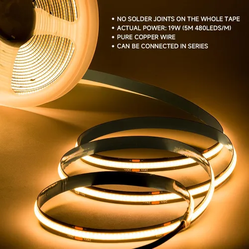 Miniatura 2 de SEZO COB - Tira de luz LED blanca cálida 2700K 16.4ft 480LEDs/M CRI90+ 24V 0.315 in Ancho 9W/m Flexible Brillante Alta Densidad Uniforme FCOB LED