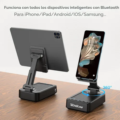 Miniatura 5 de TechGlow Soporte plegable para teléfono celular con función de carga de altavoz Bluetooth, soporte giratorio de 360°, regalos de cumpleaños