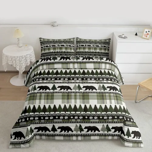 Miniatura 4 de Juego de edredón con siluetas de oso para niños, tamaño individual, decoración de Navidad para niños y niñas, adultos, edredón de plumón de pinos