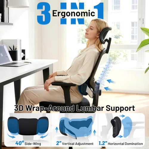 Miniatura 3 de Silla ergonómica de escritorio de oficina, silla de computadora de malla transpirable con respaldo alto, soporte lumbar 3D, reposacabezas 2D