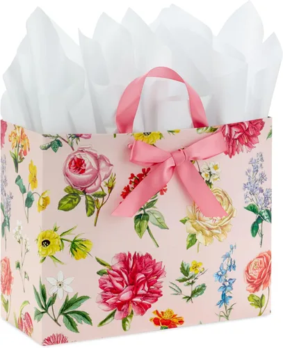 Hallmark Bolsa de regalo grande de 10 pulgadas para el Día de la Madre con papel de seda (floral vintage con lazo rosa) para el día de San Valentín,