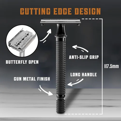 Miniatura 3 de SHAVING REVOLUTION Maquinilla de afeitar de seguridad de doble filo de mango largo – Mariposa abierta navaja 10 cuchillas japonesas de doble filo