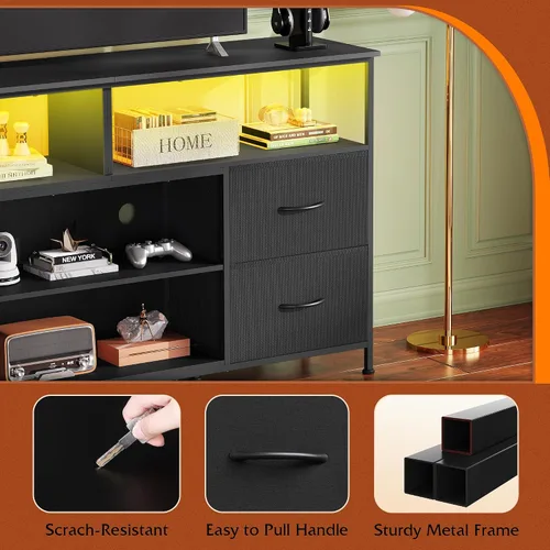 Miniatura 5 de WLIVE Mueble Tocador para TV de 50, 55, 60 pulgadas, Centro de Entretenimiento con Luces LED y Cajones de Tela, Tocador Mueble para TV