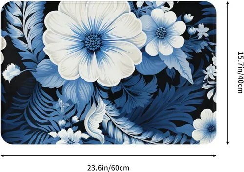 Miniatura 2 de Tapete para puerta delantera, tapete de bienvenida con estampado floral azul y blanco, absorbente, antideslizante, tapete de entrada suave, alfombra