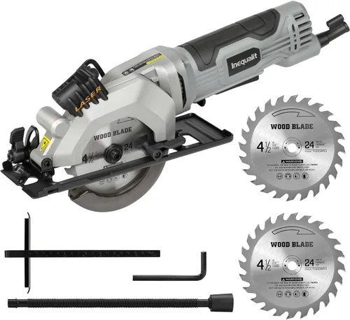 Sierra circular mini, sierra compacta con cable de 4 amperios 3500RPM con hojas TCT de 24T de 4-1/2 pulgadas, guía láser, guía de rotura, adaptador