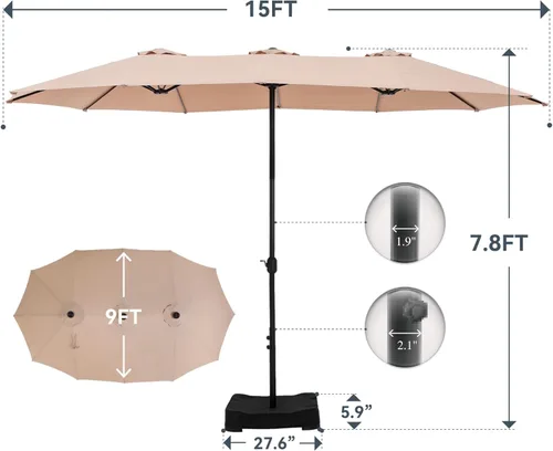 Miniatura 5 de GREEN PARTY Sombrilla de patio rectangular de 15 pies con base incluida, sombrilla de mesa de doble cara con manivela, sombrillas grandes