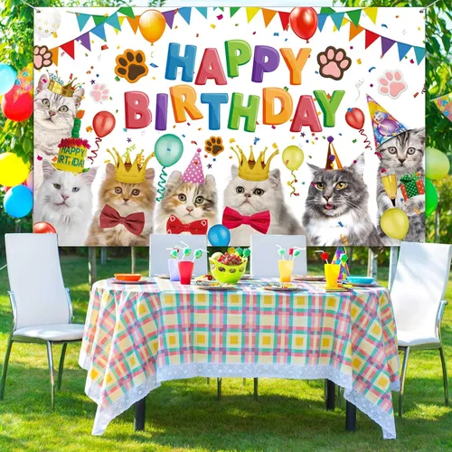 Miniatura 5 de Tatuo Telón de fondo de feliz cumpleaños de 5.9 x 3.6 pies, decoración de cumpleaños de gato, temática de gatito, fondo de fotos, fondo