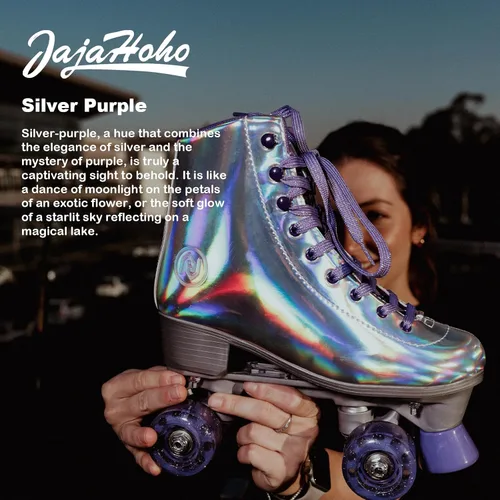 Miniatura 3 de JajaHoho Patines de ruedas para mujeres, piel sintética holográfica de alta calidad, patines brillantes de doble fila de cuatro ruedas para niñas