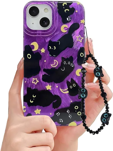 Miniatura 13 de Funda de teléfono para iPhone 11 con patrón de gato lindo, estética, genial y femenina con correa de encantos de teléfono y cadena, funda protectora