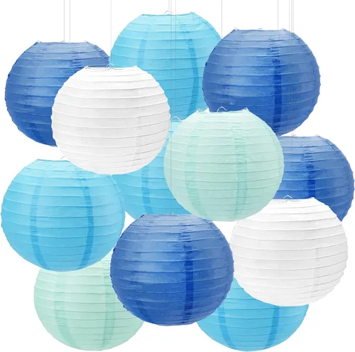 12 linternas de papel azules, faroles de papel de 10 pulgadas, decoraciones de fiesta azules para bodas, verano, cumpleaños, hogar, temática