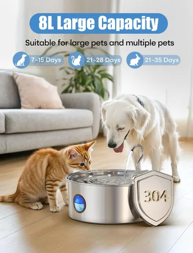 Miniatura 2 de subteenmate Fuente de agua para perros grandes, dispensador automático de fuente de acero inoxidable de 8 l/270 onzas, con bomba ultra