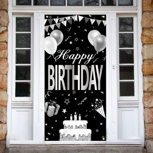 Miniatura 4 de Cartel de feliz cumpleaños negro y blanco plateado para hombres y mujeres, cubierta de puerta de feliz cumpleaños, suministros de fiesta, póster