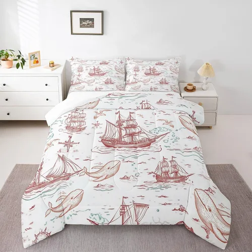 Miniatura 24 de Octopus - Juego de edredón para niños, tamaño matrimonial, nubes oscuras, olas del océano, juego de ropa de cama retro trippy decoración de Rojo