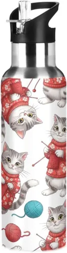 Gray White Cats Red Floral Insulated Stainless Steel Water Bottle with Straw 20 Oz, BPA-Free Sports Water Bottle with Straw Leakproof Water Bottles