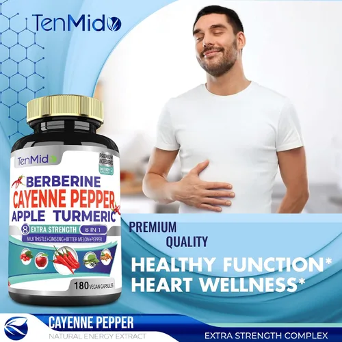 Miniatura 7 de Cápsulas de extracto de suplementos de pimienta de cayena, 180 cápsulas y berberina, manzana, curcumina de cúrcuma, melón amargo, ginseng, cardo