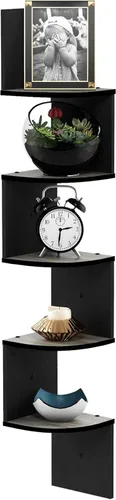 Furinno Rossi - Estante de esquina flotante para montaje en pared, radial de 5 niveles, roble francés gris/negro