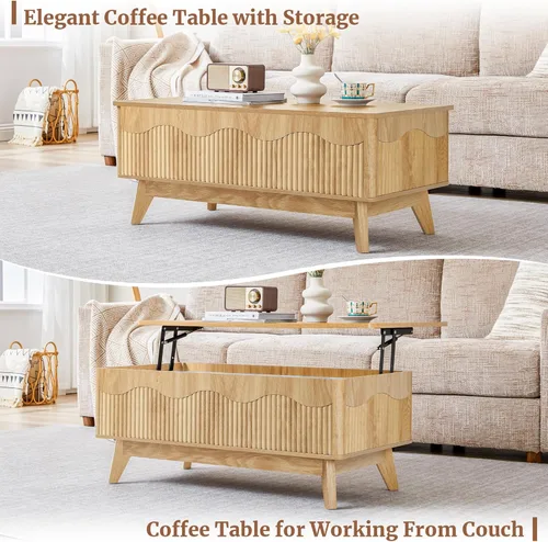 Miniatura 5 de BERRYMERRY Mesa de centro elevable con almacenamiento oculto, mesa de centro acanalada de granja con perfil ondulado, mesa central rectangular Roble