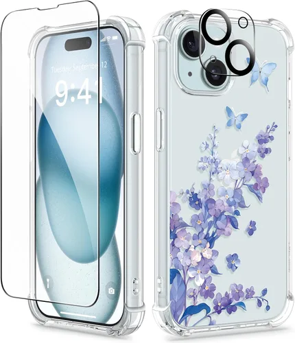 Miniatura 15 de GVIEWIN Funda diseñada para iPhone 13 de 6.1 pulgadas, con protector de pantalla de vidrio templado + protector de lente de cámara, flor Hibisco