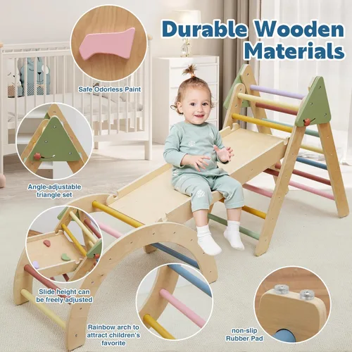 Miniatura 4 de Pikler - Juego de escalada triangular plegable de madera 7 en 1, juguetes Montessori para niños pequeños de 1 a 3 años, gimnasio de selva