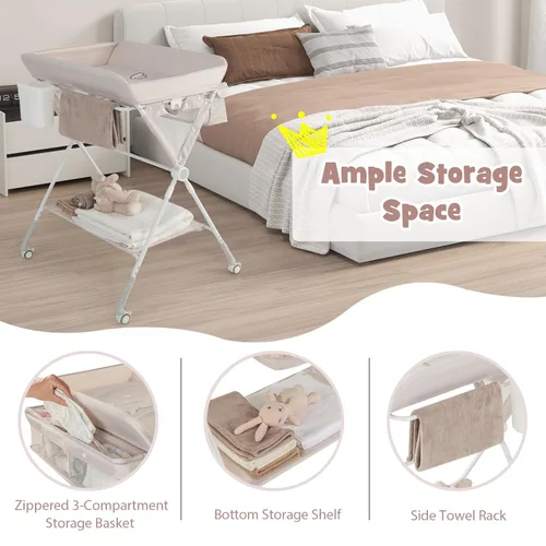 Miniatura 3 de BABY JOY Cambiador portátil para bebé, estación de cambio de pañales plegable con ruedas, altura ajustable, estante de almacenamiento grande