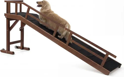 Miniatura 10 de Rampa para perros para cama o sofá, rampa de madera para mascotas con pendiente suave de 20°, rieles laterales extraíbles, superficie