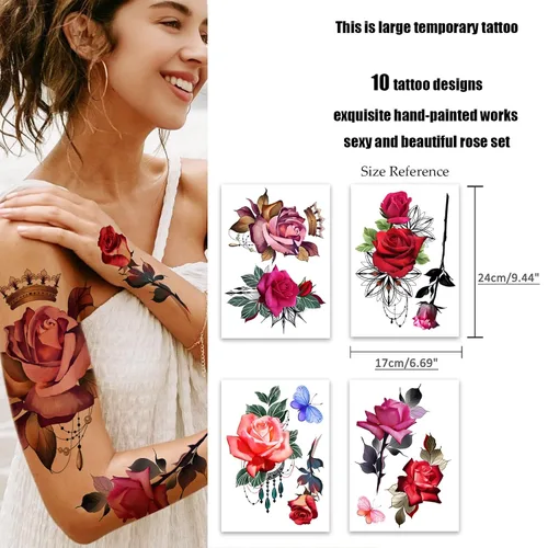 Miniatura 4 de ROARHOWL Impresionantes tatuajes temporales de rosas para mujeres, conjunto de tatuajes de gran tamaño (rosa 1)
