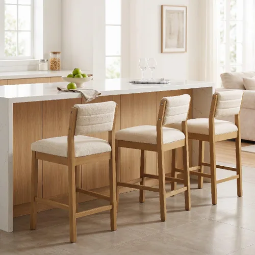 Miniatura 4 de HNY 26.5 Inches Counter Height Single Bar Stool, Beige Linen Upholstered Counter Stool with Back, Solid Wood Legs and Footrest, Farmhouse Wooden
