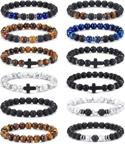 Jewdreamer 12 piezas de pulseras de cuentas para hombres, pulseras de 8 mm de ojo de tigre, pulsera de piedra natural, cuentas de cristal en cruz,