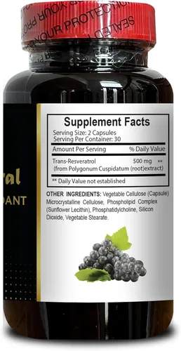 Miniatura 4 de Trans Resveratrol 500mg - Polifenol a base de plantas, procedente de Knotweed de semilla de uva, sin rellenos ni aditivos artificiales, complejo