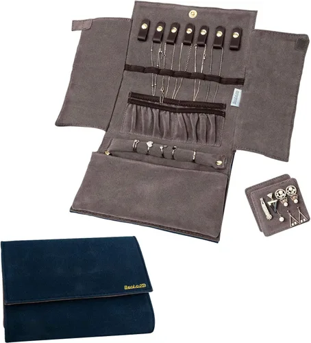 Miniatura 5 de Becko - Organizador de joyas para múltiples collares anillos pulseras de piel flexible y gamuza gran capacidad sin arrugas ligero portátil