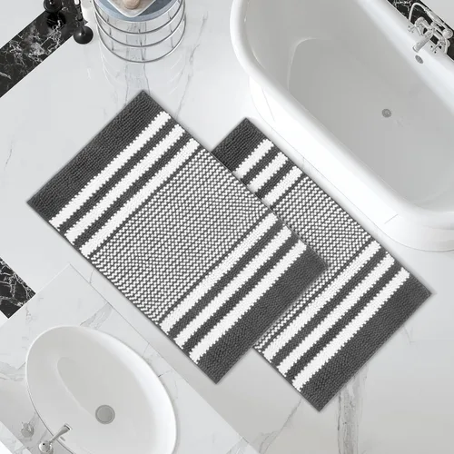 Miniatura 7 de Juego de alfombras de baño Tindbea 2 piezas, extra suave y absorbente, felpudo de baño de chenilla a rayas esponjosas, antideslizante, lavable a