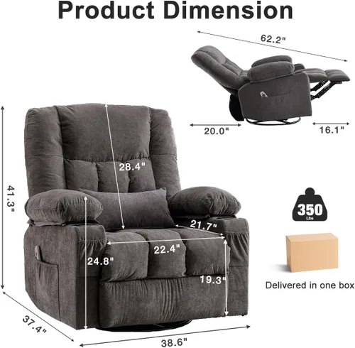 Miniatura 2 de Silla reclinable giratoria con funciones de masaje por vibración y calefacción para adultos, sofá individual reclinable de gran tamaño con bolsillo