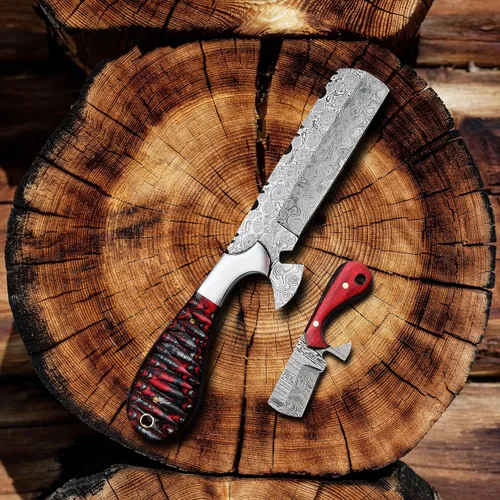 Miniatura 5 de 8" Cuchillo de corte de toro de Damasco hecho a mano con funda de cuero - Cuchillo de vaquero occidental para caza, despellejado, acampada y Rojo
