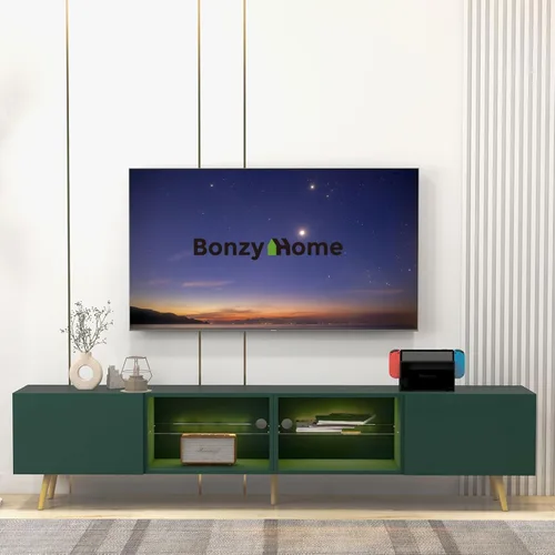 Miniatura 10 de Bonzy Home Soporte de TV de 86 pulgadas, moderno centro de entretenimiento para TV de 75 pulgadas, mesa consola de televisión con gabinetes de Negro