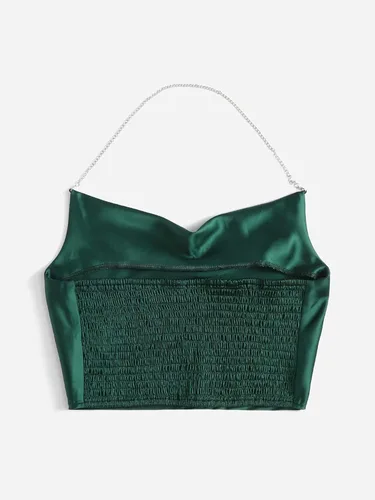 Miniatura 2 de SheIn Camiseta corta de satén con cuello halter y espalda fruncida para mujer