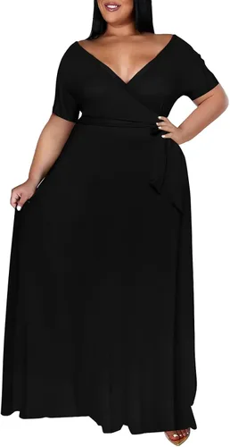 Nmoder Plus Size Maxi Dress for Women - Summer Casual Short Sleeve Floral Flowy Long Dress with Belt XL- 6XL