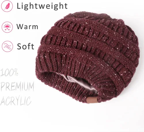 Miniatura 2 de Gorro de punto de invierno con forro de satén para mujer, gorro de cable, sedoso, suave, lavado, cálido