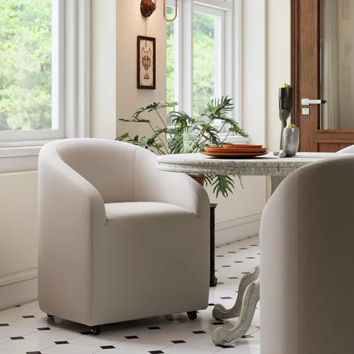 Sillas de comedor de barril con ruedas, sillas tapizadas de lino beige para comedor y cocina, sillón lateral moderno con ruedas para dormitorio,