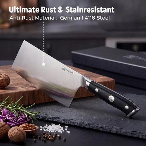 Miniatura 5 de Cuchillo de carnicero PAUDIN de 7 pulgadas, cuchillo de carnicero chino de acero alemán de alto carbono resistente con mango G10, cuchillos