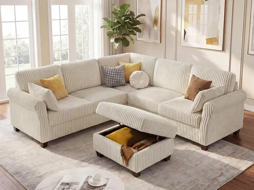 Sofá modular modular en forma de V de 90.6 pulgadas con otomana de almacenamiento, sofá esquinero de pana de 6 asientos con asiento profundo,