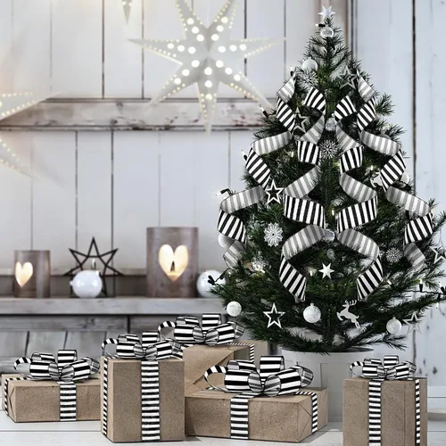 Miniatura 5 de Syhood - 20 yardas 2 rollos de cinta negra y blanca, cinta decorativa de rayas horizontales de Navidad, cinta espiral con alambre para decoración