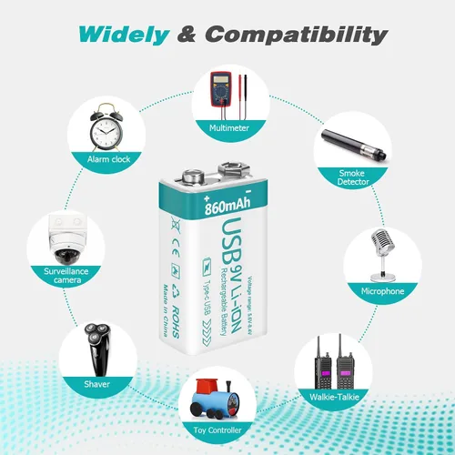 Miniatura 5 de Batería recargable de litio USB de 9 V de 860 mAh con cable de carga 4 en 1, baterías de 9 voltios 6f22 para detectores de humo (paquete de 8)