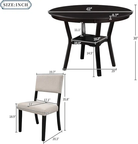Miniatura 3 de FRANSOUL Juego de 5 mesas redondas de madera con estante inferior, 4 sillas tapizadas para comedor, cocina, comedor, desayuno familiar, color marrón