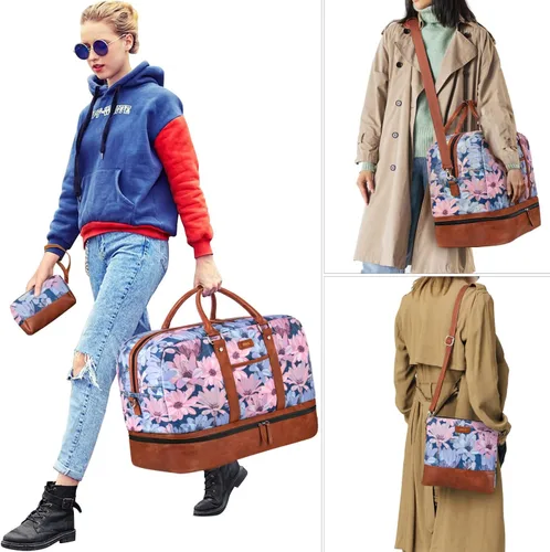 Miniatura 29 de IBFUN Bolsas de fin de semana para mujer, bolsa grande de lona para viaje, bolsa de viaje con compartimento para zapatos, 21 pulgadas, juego de 3